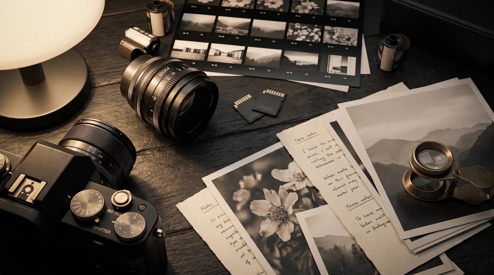 Top-down view of a photographer's desk with lens, film rolls, contact sheets and notes