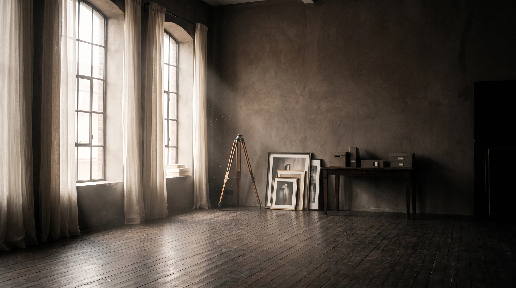 An empty photography studio with light streaming through sheer curtains
